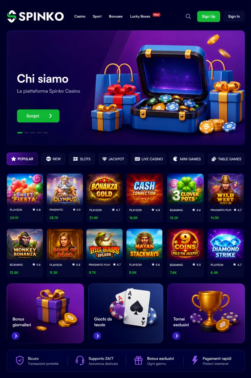 Schermata homepage Spinko Casino su desktop